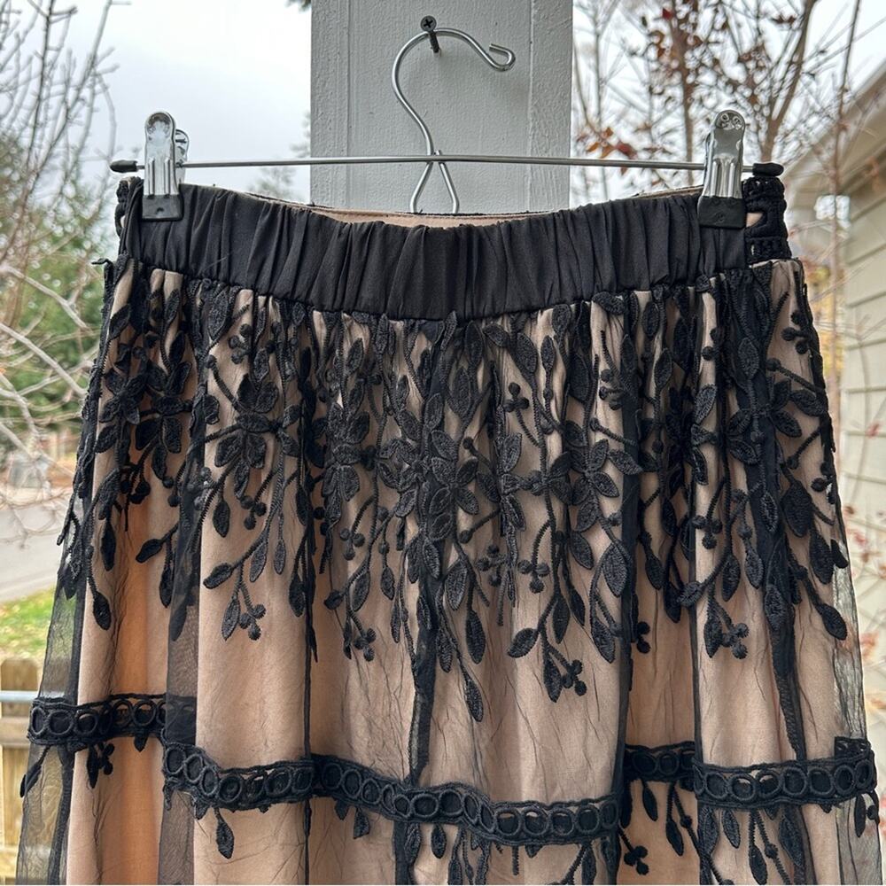 Polagram Black Embroidered Lace Maxi Skirt over Nude Lining - Picture 6 of 9